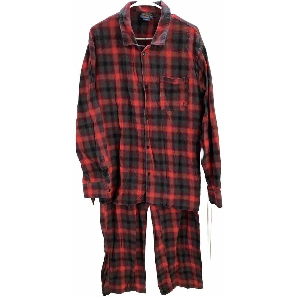 Pendleton 2 Piece Pajama Set Mens XL Red Gray Plaid Shirt & Pants 100% Cotton